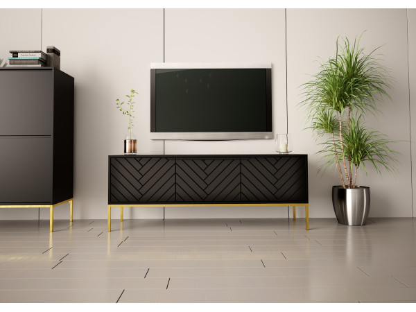 Szafka RTV w jodełkę Aspen 01 czarna ze złotym stelażem 150cm