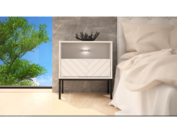 Szafka nocna w jodełkę z oświetleniem Aspen 04 biały mat 53 czarny stelaż