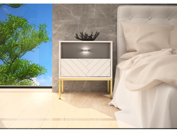 Szafka nocna w jodełkę z oświetleniem Aspen 04 biały mat 53 złoty stelaż