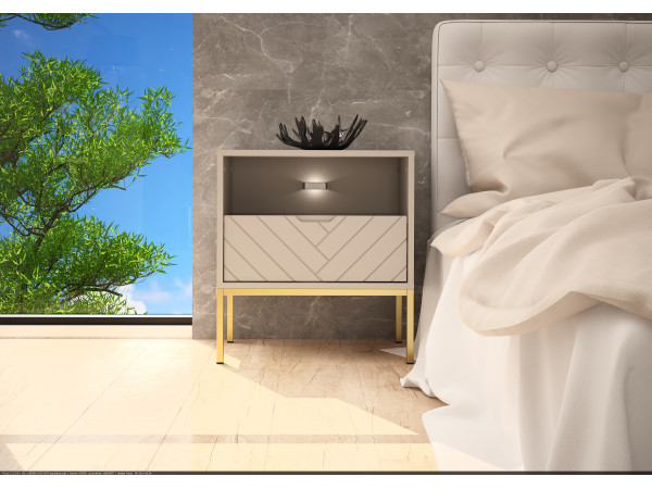 Szafka nocna w jodełkę z oświetleniem Aspen 04 cashmere 53 złoty stelaż