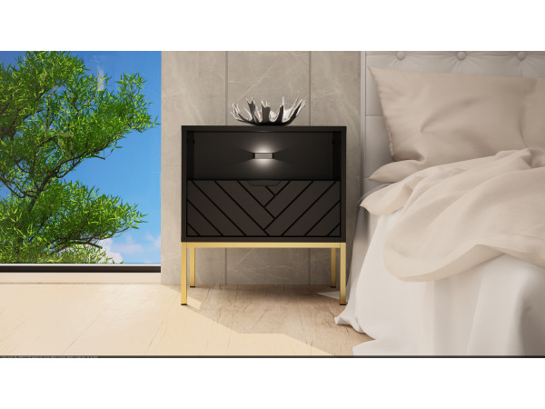 Szafka nocna w jodełkę z oświetleniem Aspen 04 czarny mat 53 złoty stelaż